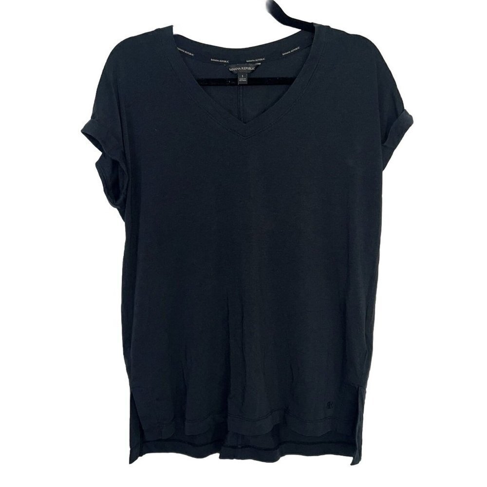 Banana Republic T Shirt Womens Small Short Rolled Sleeve V Neck Stretch Black H